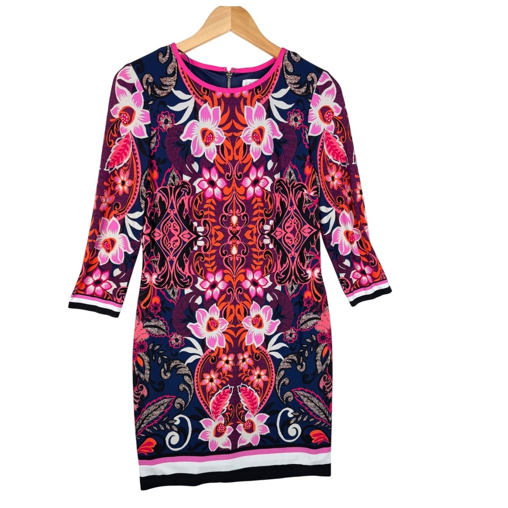 Eliza J Floral Print 3/4 Sleeve Sheath Dress size 4 Black/Pink